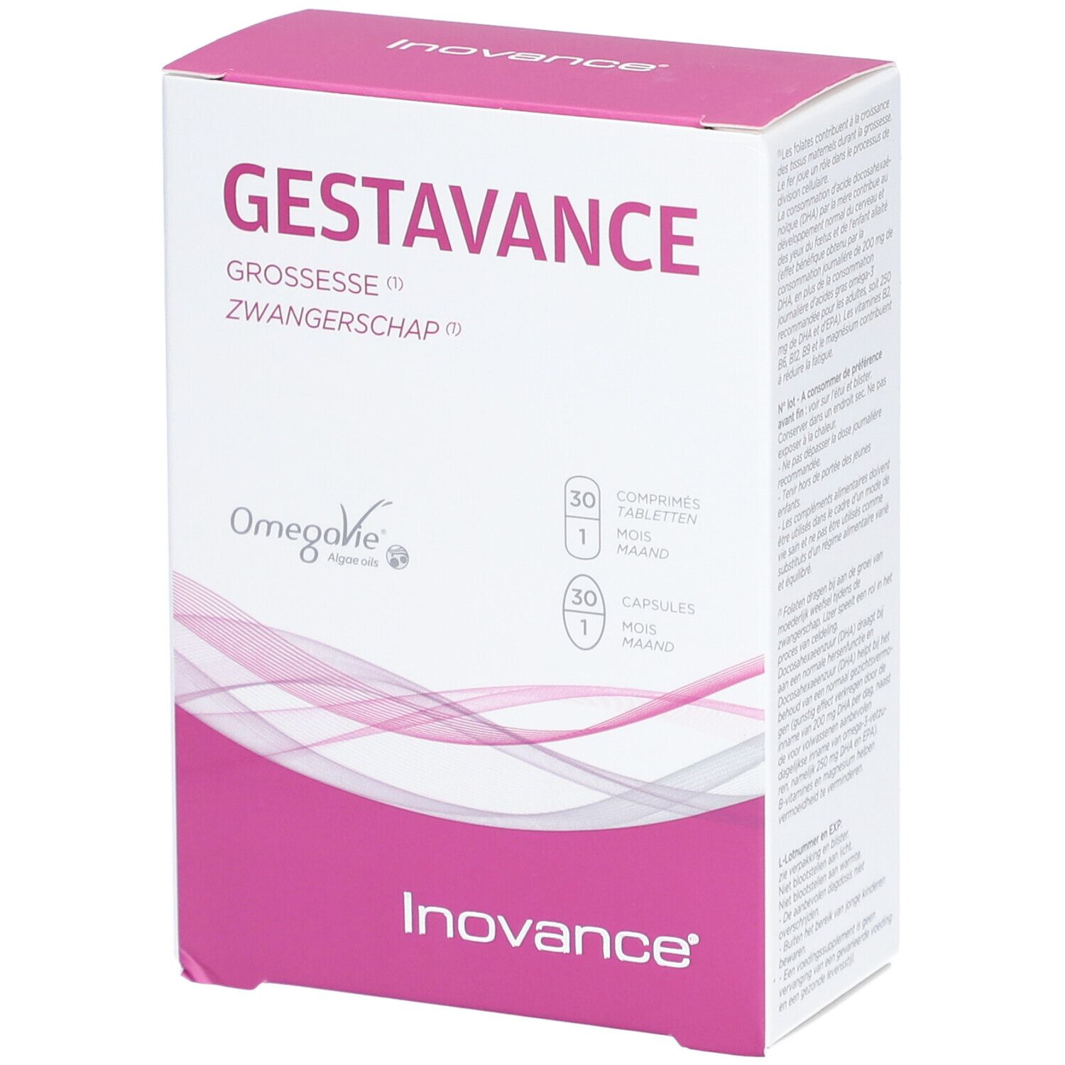 Boîte Inovance® Gestavance. Rose et blanche, avec nom du produit et informations. Contient comprimés et gélules.