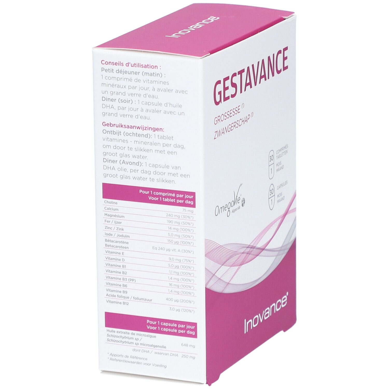 Boîte Inovance® Gestavance, vue latérale. Informations produit et ingrédients. Contient comprimés et gélules.