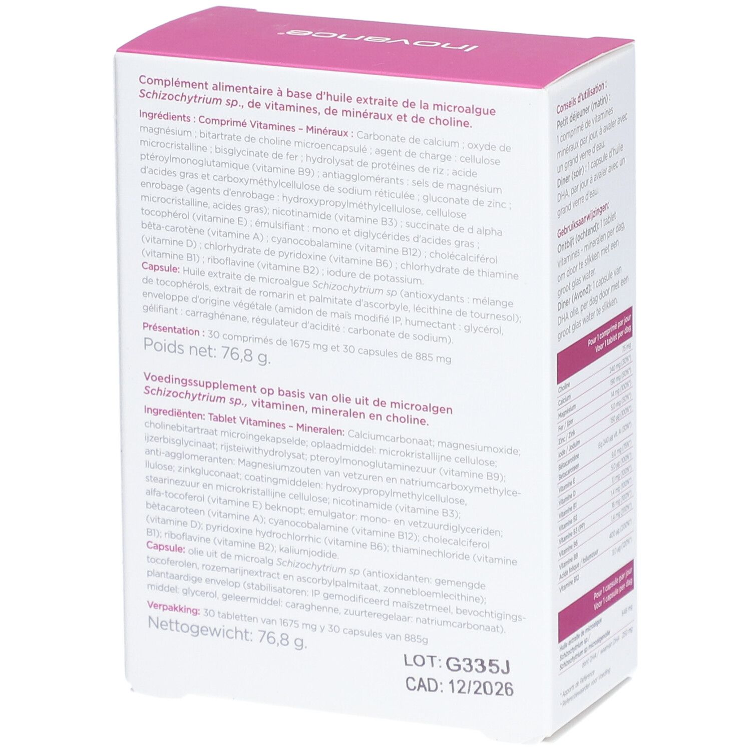 Boîte Inovance® Gestavance, dos. Ingrédients et informations nutritionnelles. Contient comprimés et gélules.