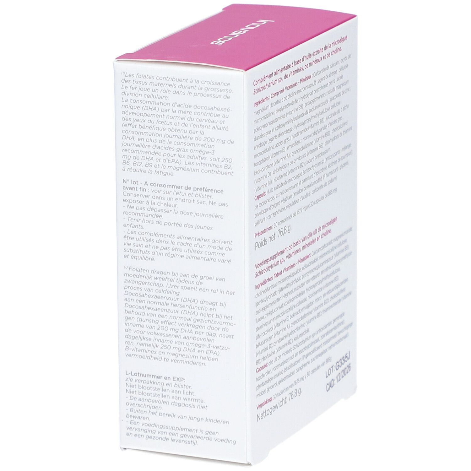 Boîte Inovance® Gestavance, détail. Ingrédients et avertissements. Contient comprimés et gélules.