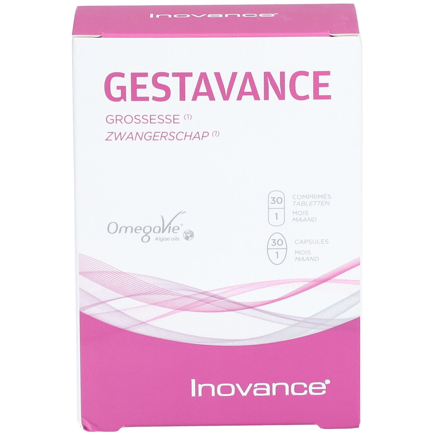 Boîte Inovance® Gestavance. Rose et blanche, avec nom du produit et informations. Contient comprimés et gélules.