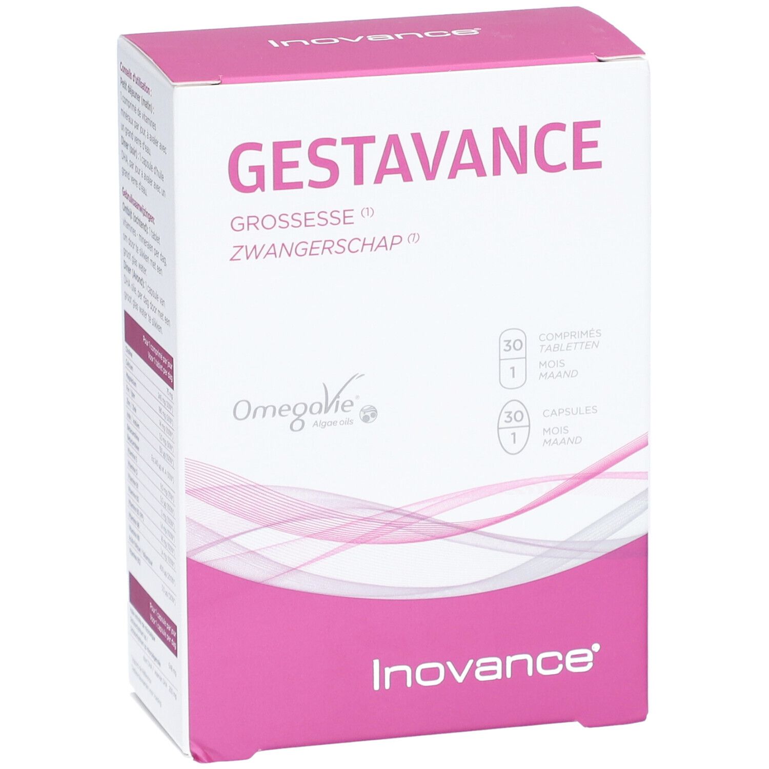 Boîte Inovance® Gestavance. Rose et blanche, avec nom du produit et informations. Contient comprimés et gélules.