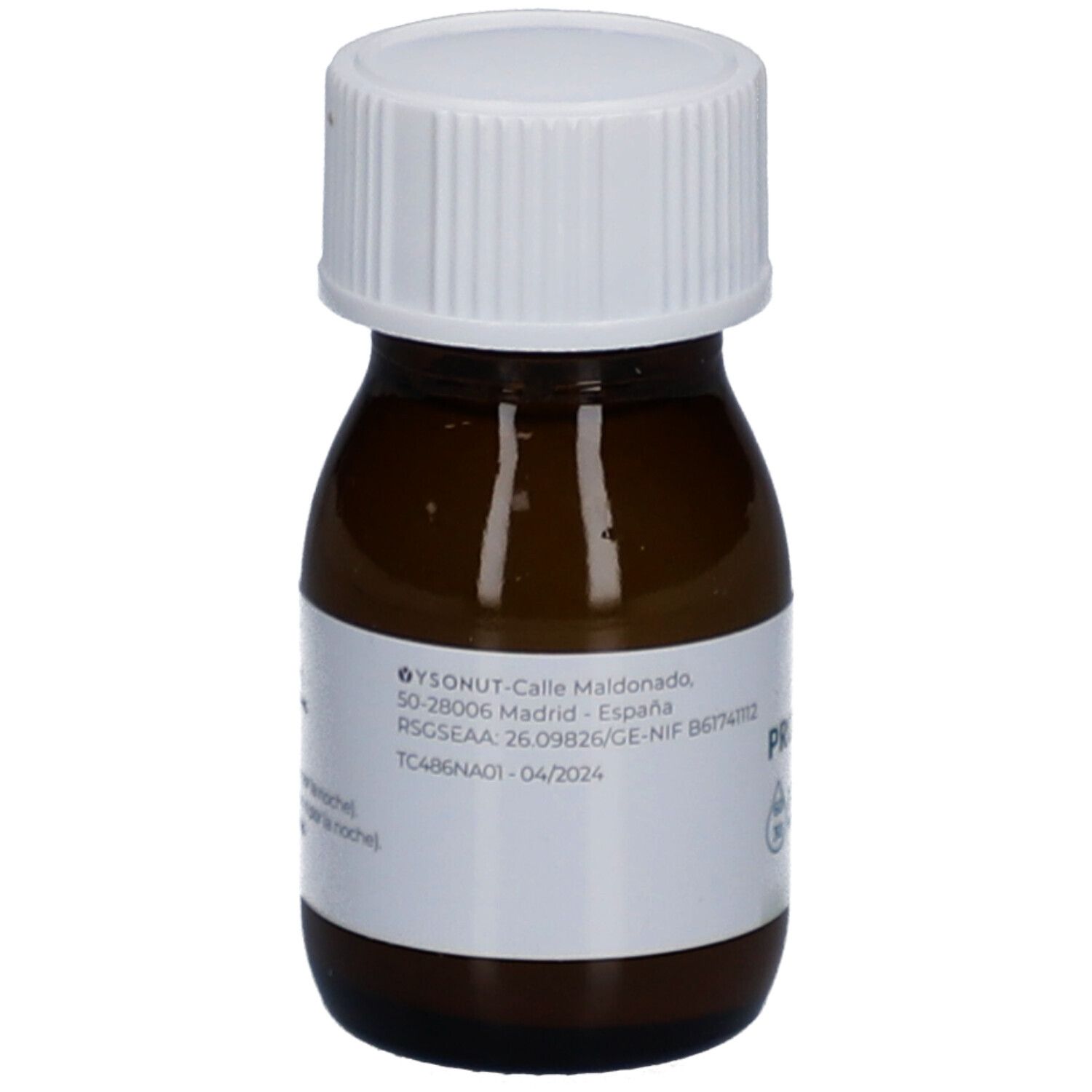 Flacon en verre brun avec bouchon blanc. Étiquette avec informations sur le produit et adresse.