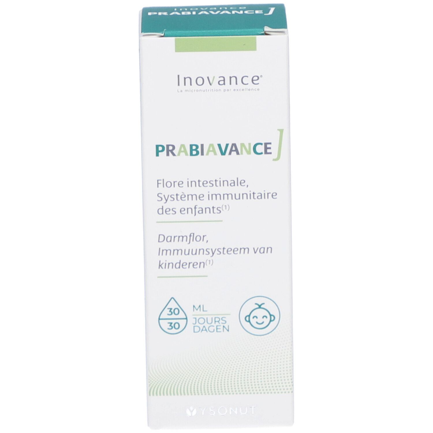 Emballage du produit, blanc avec des accents verts. Nom du produit et description.