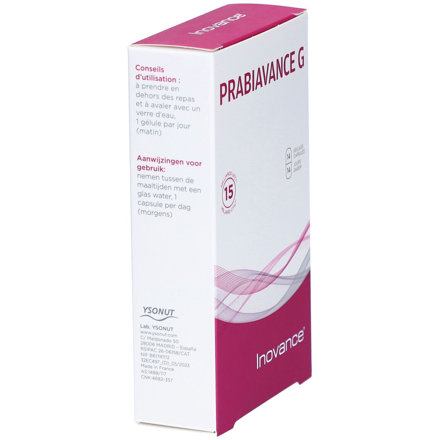 Boîte Probiovance G. Blanc avec accents roses. Nom du produit, logo et instructions d'utilisation.