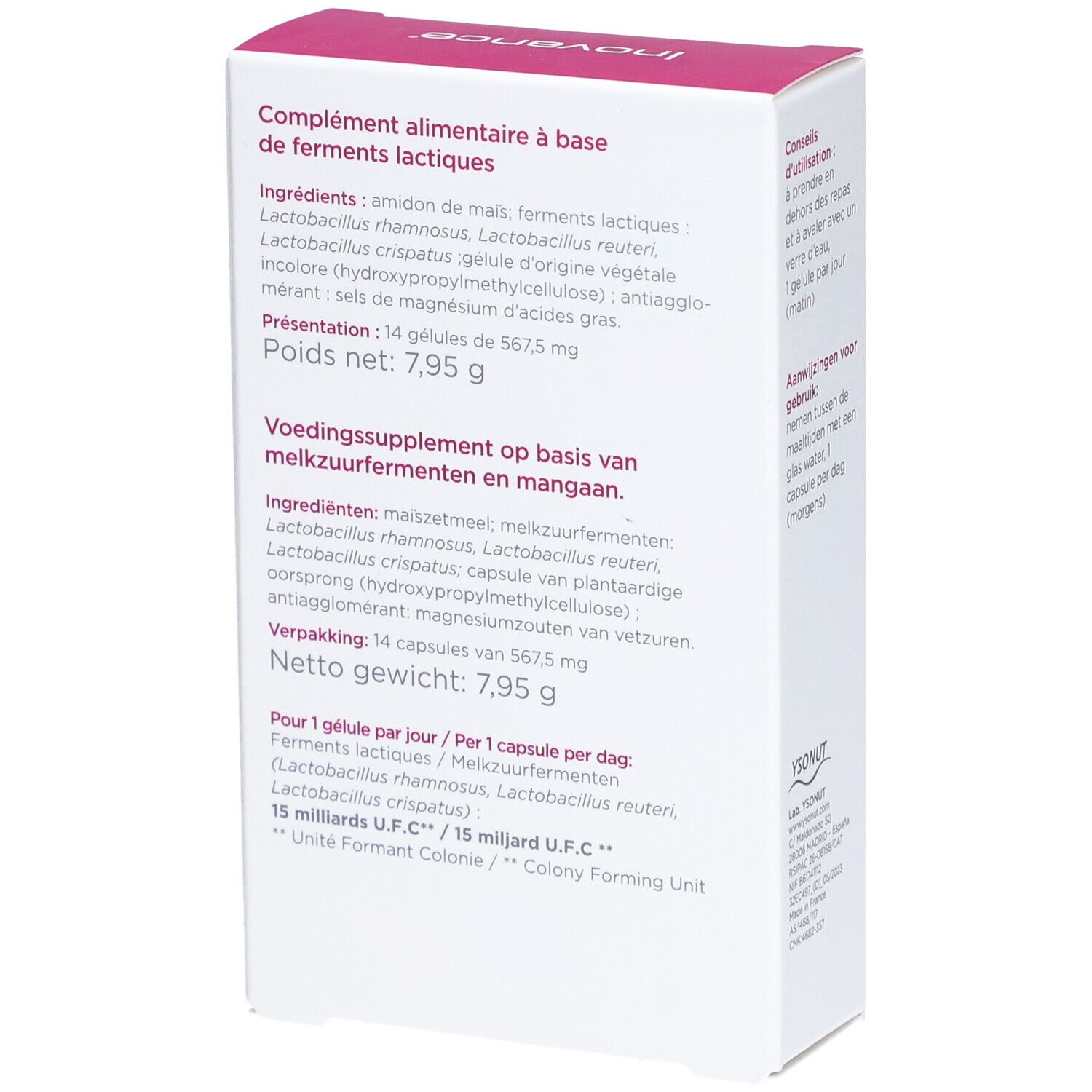Dos de la boîte Probiovance G. Liste des ingrédients, informations nutritionnelles et fabricant.