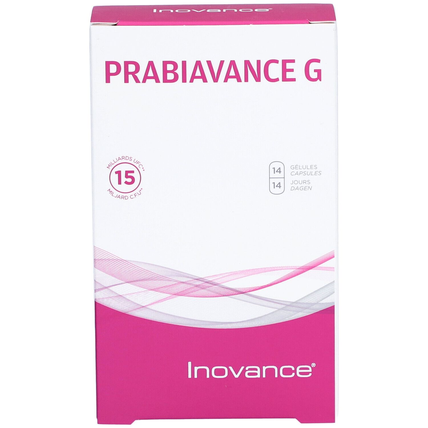 Boîte de Probiovance G. Rose et blanc, nom du produit et logo. 14 gélules, 15 milliards d'UFC.