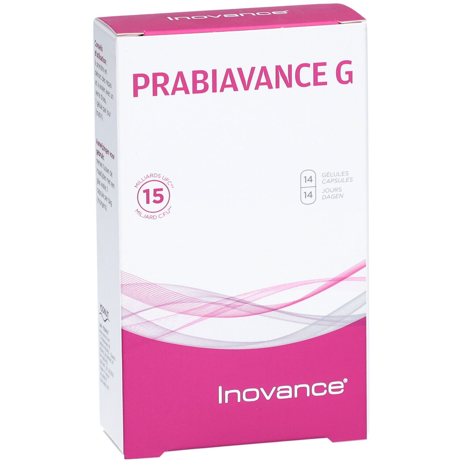 Boîte de Probiovance G. Rose et blanc, nom du produit et logo. 14 gélules, 15 milliards d'UFC.