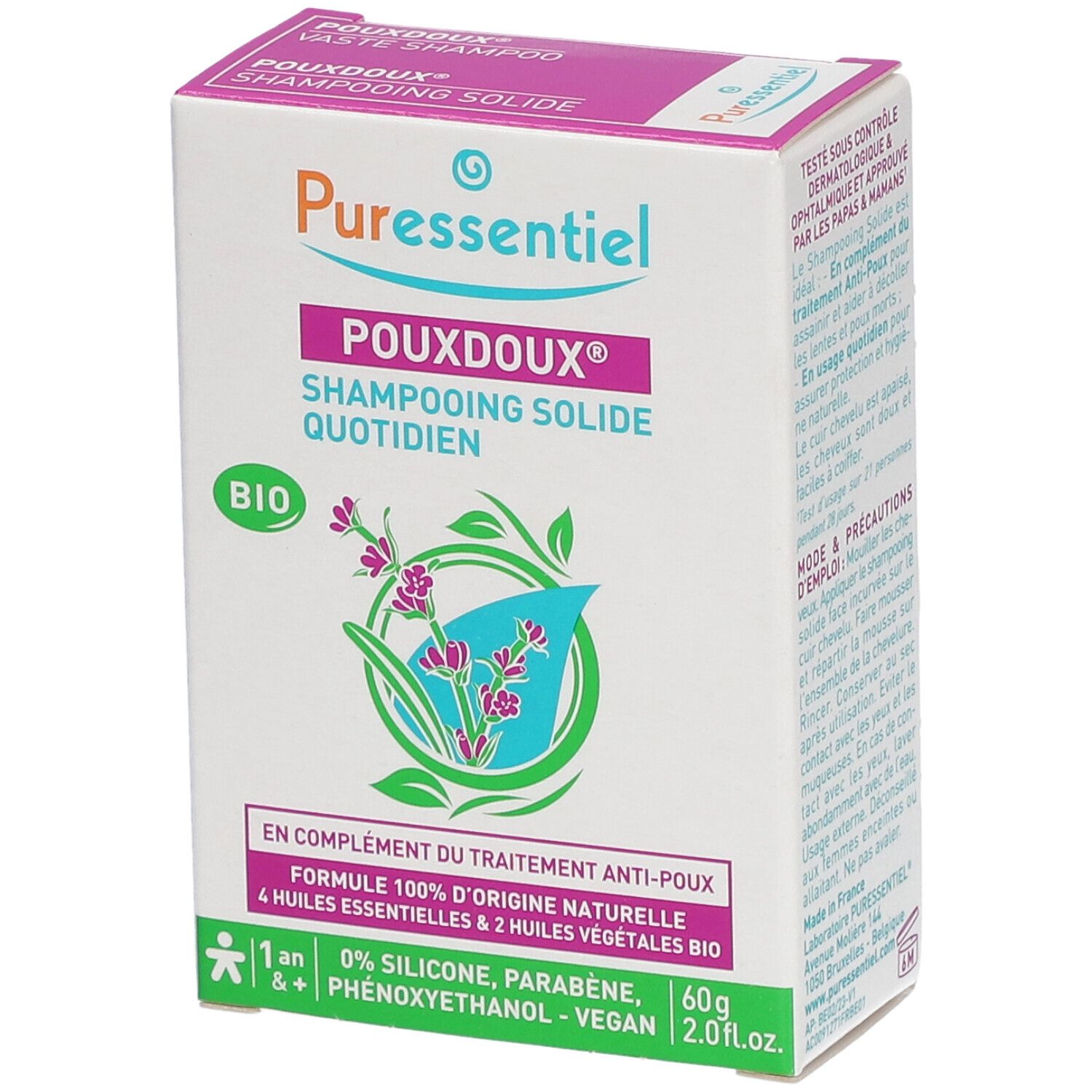 Kartonverpackung von Puressentiel Pouxdoux® Shampooing Solide. Weiß mit pinkfarbenen und grünen Akzenten. Text: BIO, 60g, 2.0 fl.oz.