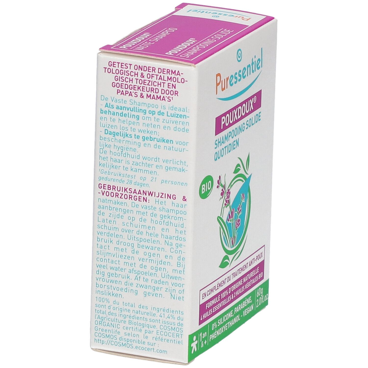 Kartonverpackung von Puressentiel Pouxdoux® Shampooing Solide. Ansicht von der Seite. Text in Deutsch und Niederländisch. BIO-Logo.