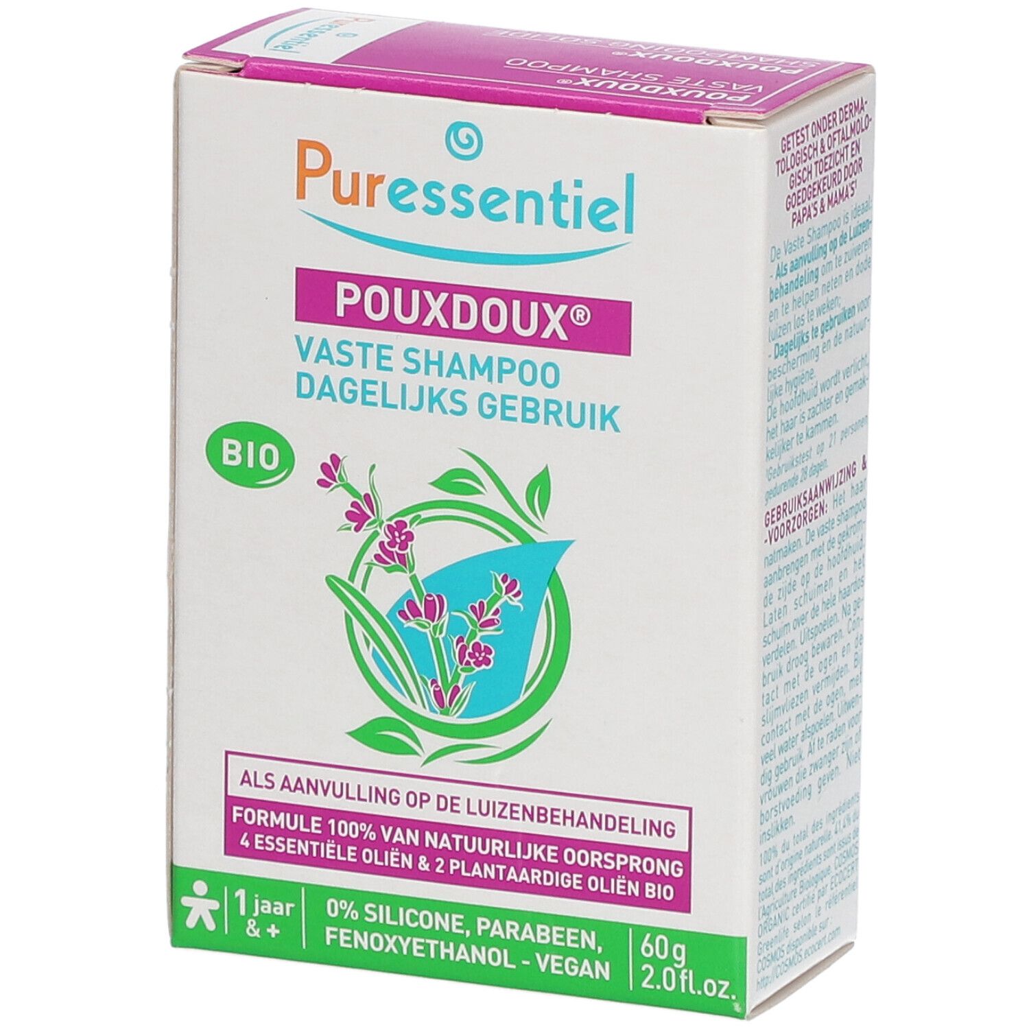 Kartonverpackung von Puressentiel Pouxdoux® Shampooing Solide. Weiß mit pinkfarbenen und grünen Akzenten. Text: BIO, 60g, 2.0 fl.oz.