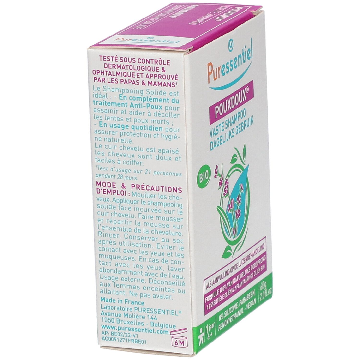 Kartonverpackung von Puressentiel Pouxdoux® Shampooing Solide. Ansicht von der Seite. Text in Französisch und Niederländisch. BIO-Logo.