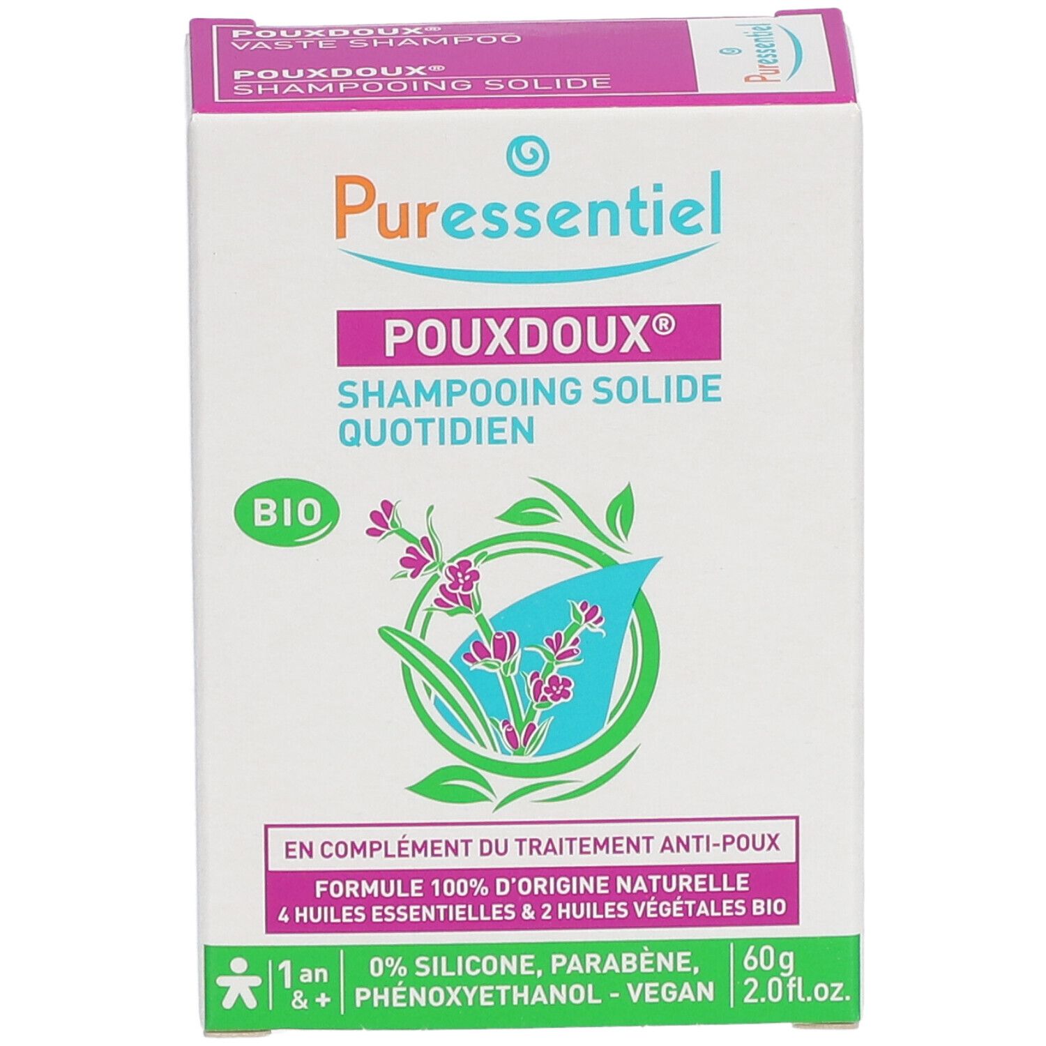 Kartonverpackung von Puressentiel Pouxdoux® Shampooing Solide. Weiß mit pinkfarbenen und grünen Akzenten. Text: BIO, 60g, 2.0 fl.oz.
