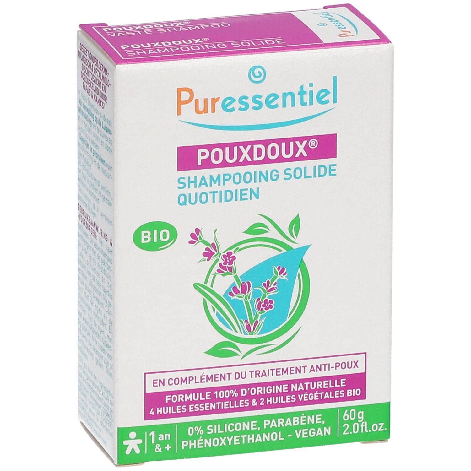 Kartonverpackung von Puressentiel Pouxdoux® Shampooing Solide. Weiß mit pinkfarbenen und grünen Akzenten. Text: BIO, 60g, 2.0 fl.oz.