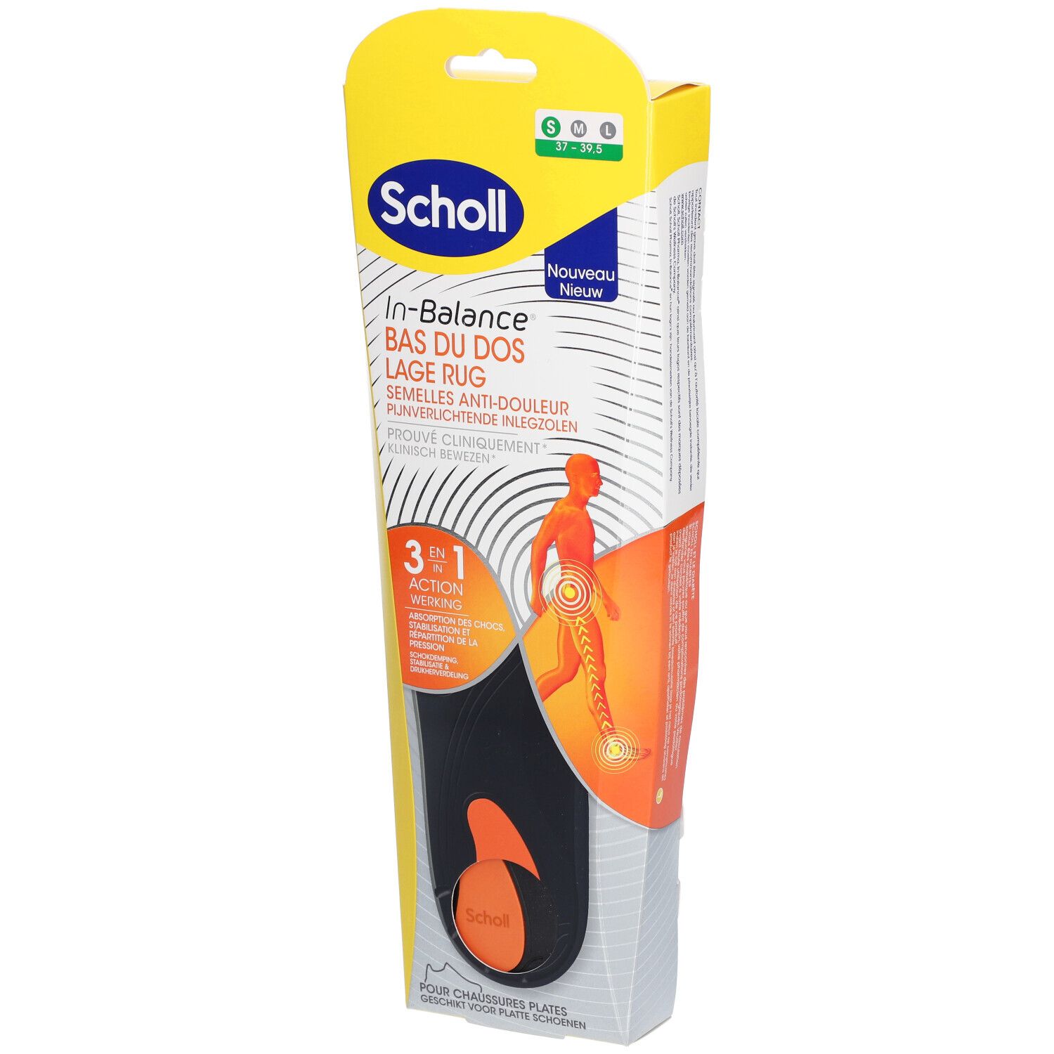 Verpakking Scholl In-Balance inlegzolen. Zwarte en oranje inlegzool, productnaam en 3-in-1 actielogo.