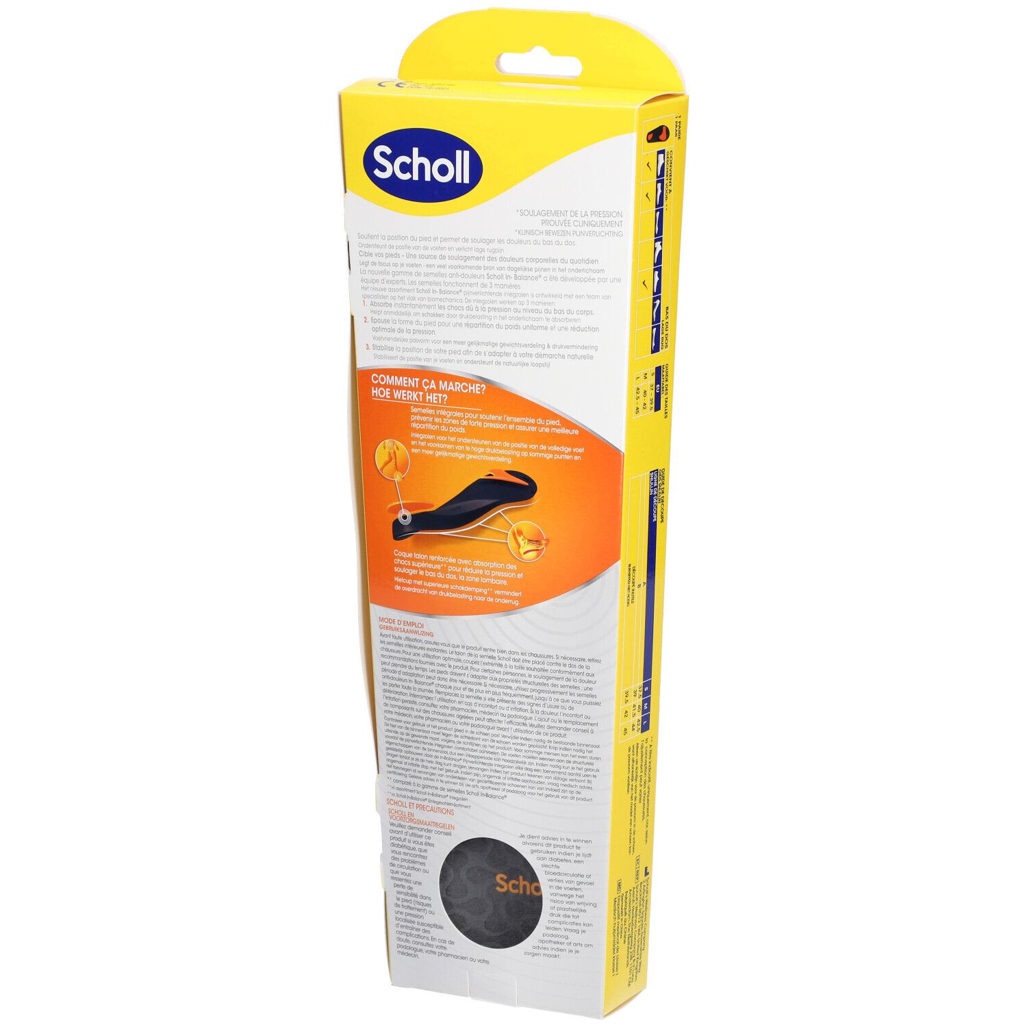 Achterkant van de Scholl In-Balance verpakking. Tekst en illustraties die de werking van de inlegzolen uitleggen.