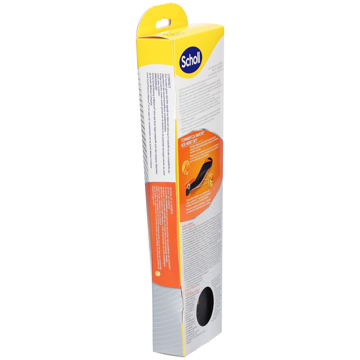 Zijaanzicht van de Scholl In-Balance verpakking. Tekst en illustraties die de werking van de inlegzolen uitleggen.