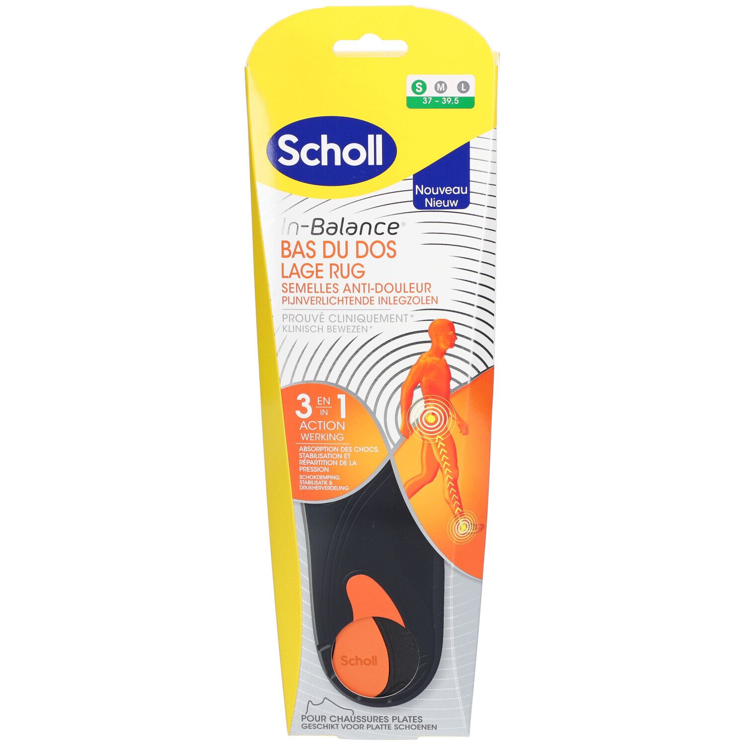 Scholl In-Balance verpakking. Zwarte en oranje inlegzool, productnaam en 3-in-1 actielogo. Maat indicatie.