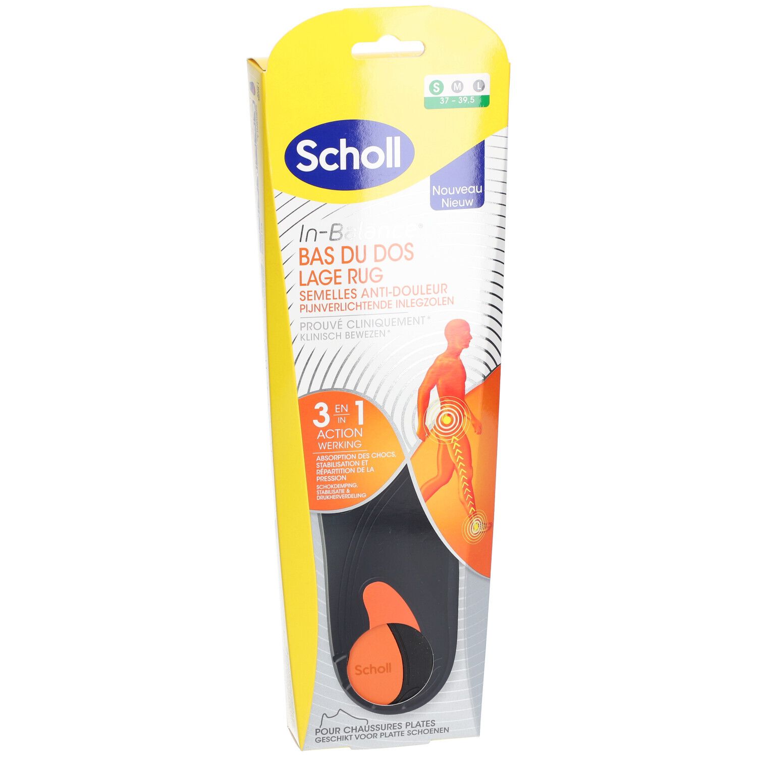 Scholl In-Balance verpakking. Zwarte en oranje inlegzool, productnaam en 3-in-1 actielogo. Maat indicatie.