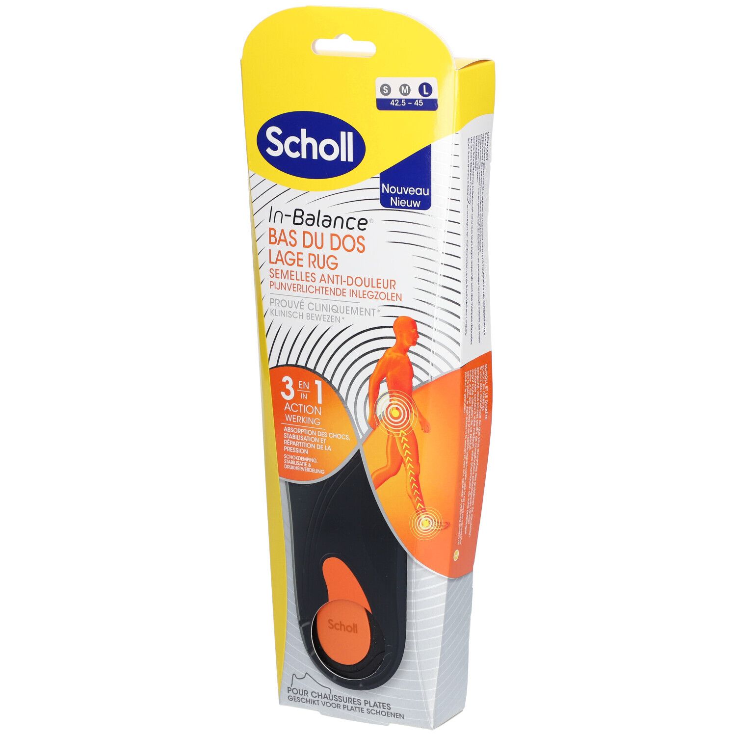 Scholl In-Balance rugpijn inlegzolen, in verpakking. Zwarte en oranje inlegzool, maat L.