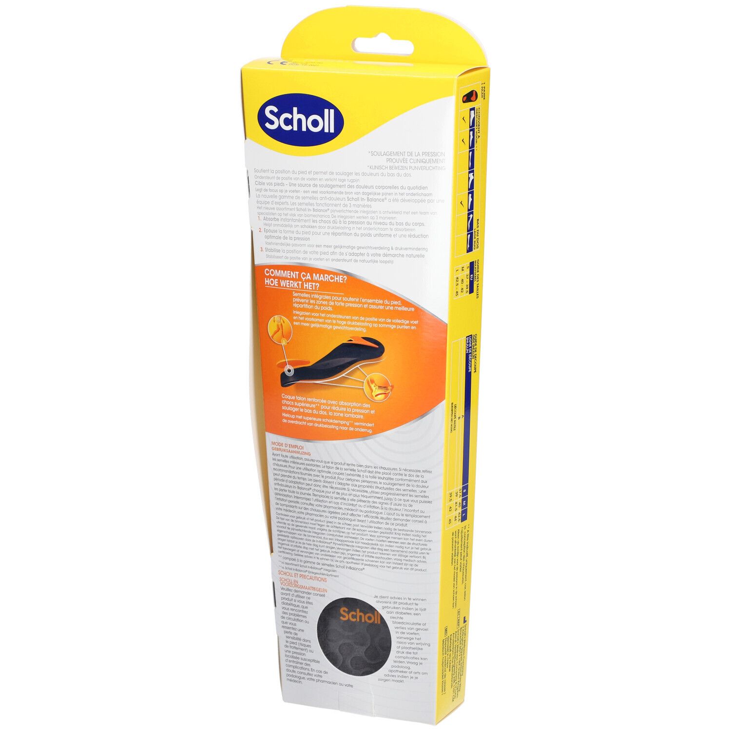 Achterkant van de Scholl In-Balance inlegzolen verpakking. Tekst en illustraties tonen de werking.