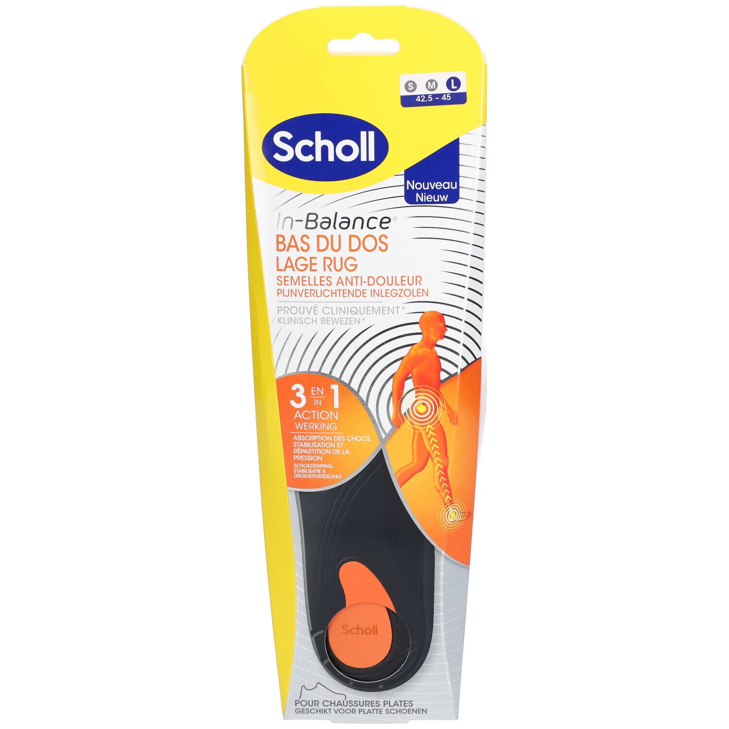 Scholl In-Balance rugpijn inlegzolen, in verpakking. Zwarte en oranje inlegzool, maat L.