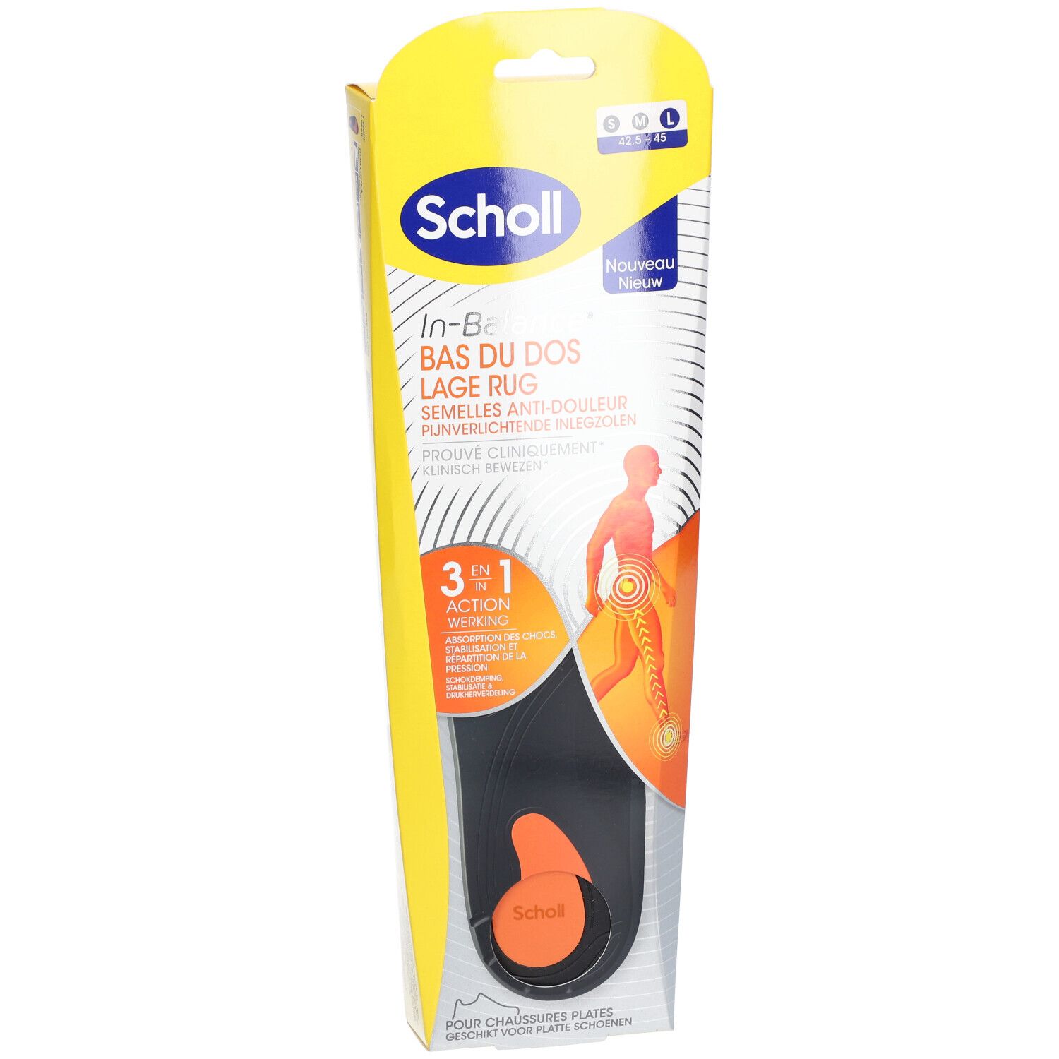 Scholl In-Balance rugpijn inlegzolen, in verpakking. Zwarte en oranje inlegzool, maat L.