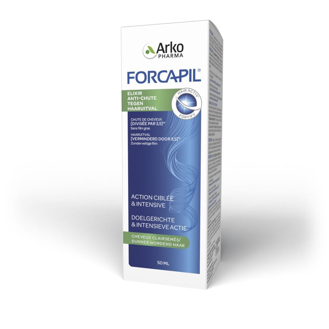 Emballage du produit avec carton. Inscription : FORCAPIL, Elixir Anti-Chute, contre la chute des cheveux.
