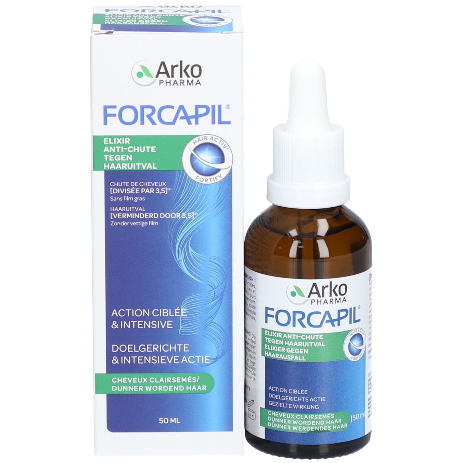 Emballage du produit avec flacon et carton. Inscription : FORCAPIL, Elixir Anti-Chute, contre la chute des cheveux.