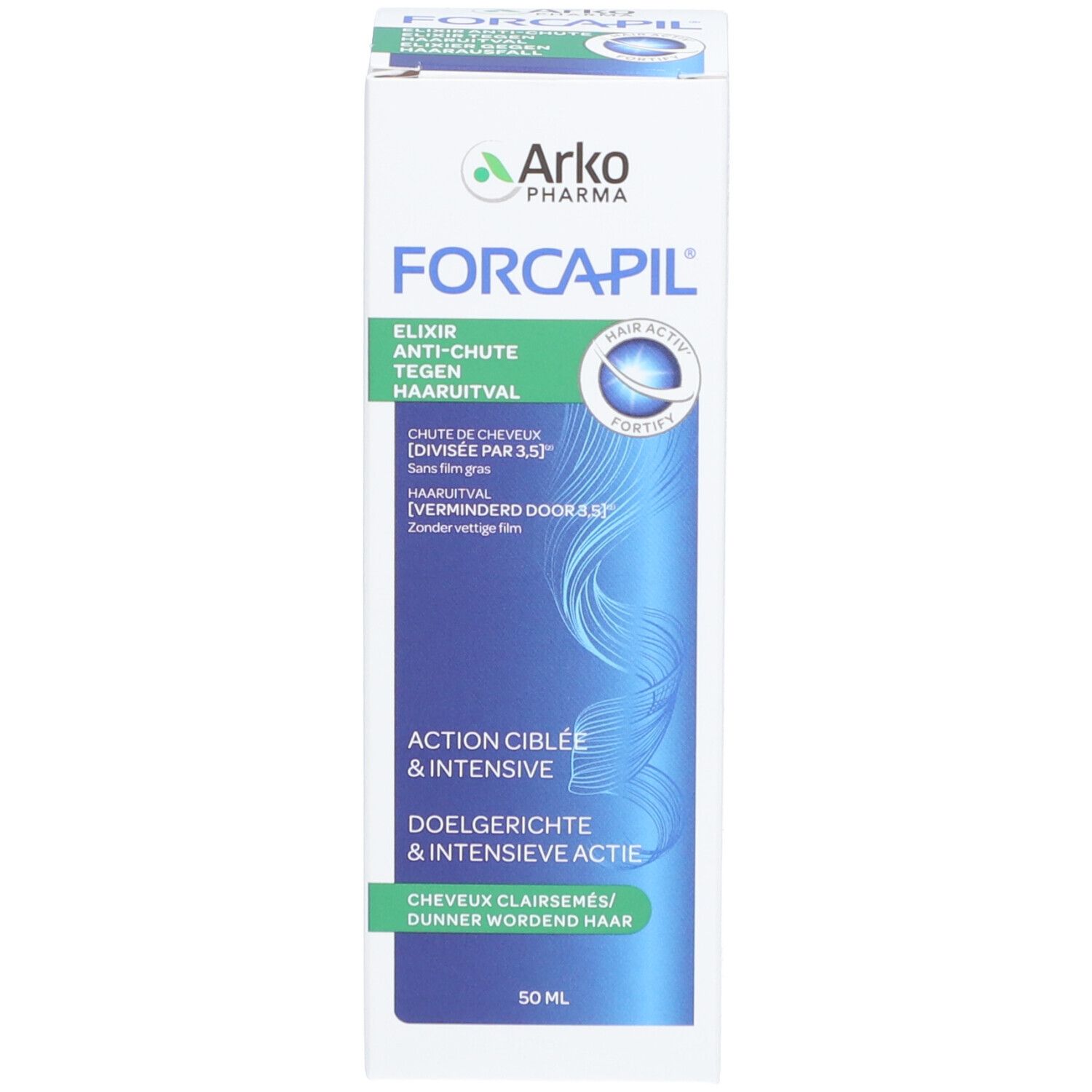 Emballage du produit avec carton. Inscription : FORCAPIL, Elixir Anti-Chute, contre la chute des cheveux.