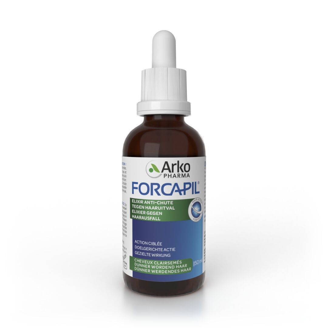 Bruine glazen fles met witte dop en pipet. Opschrift: FORCAPIL, Elixir Anti-Chute, tegen haaruitval.
