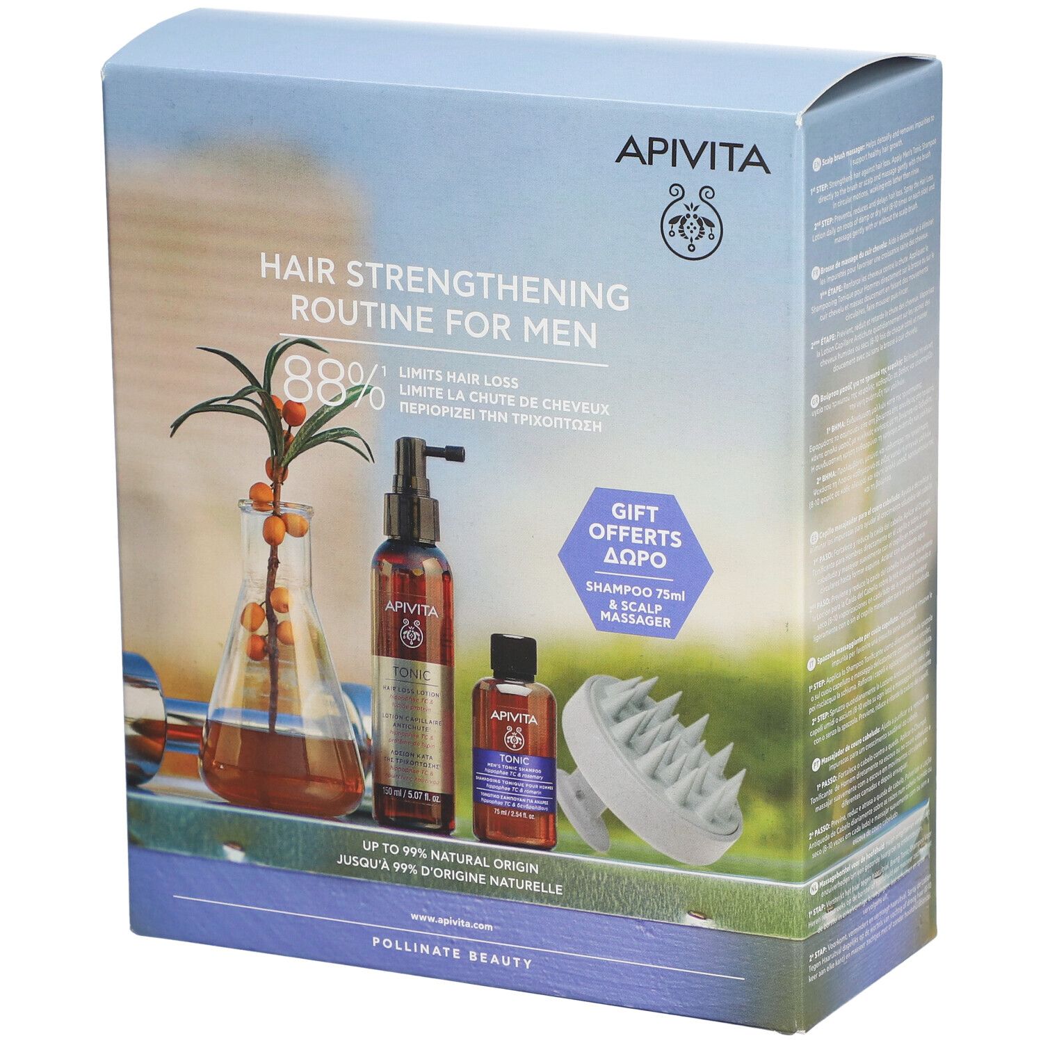 Coffret avec illustrations de produits. Inscription: Hair Strengthening Routine for Men. Contient shampooing, masseur cuir chevelu.