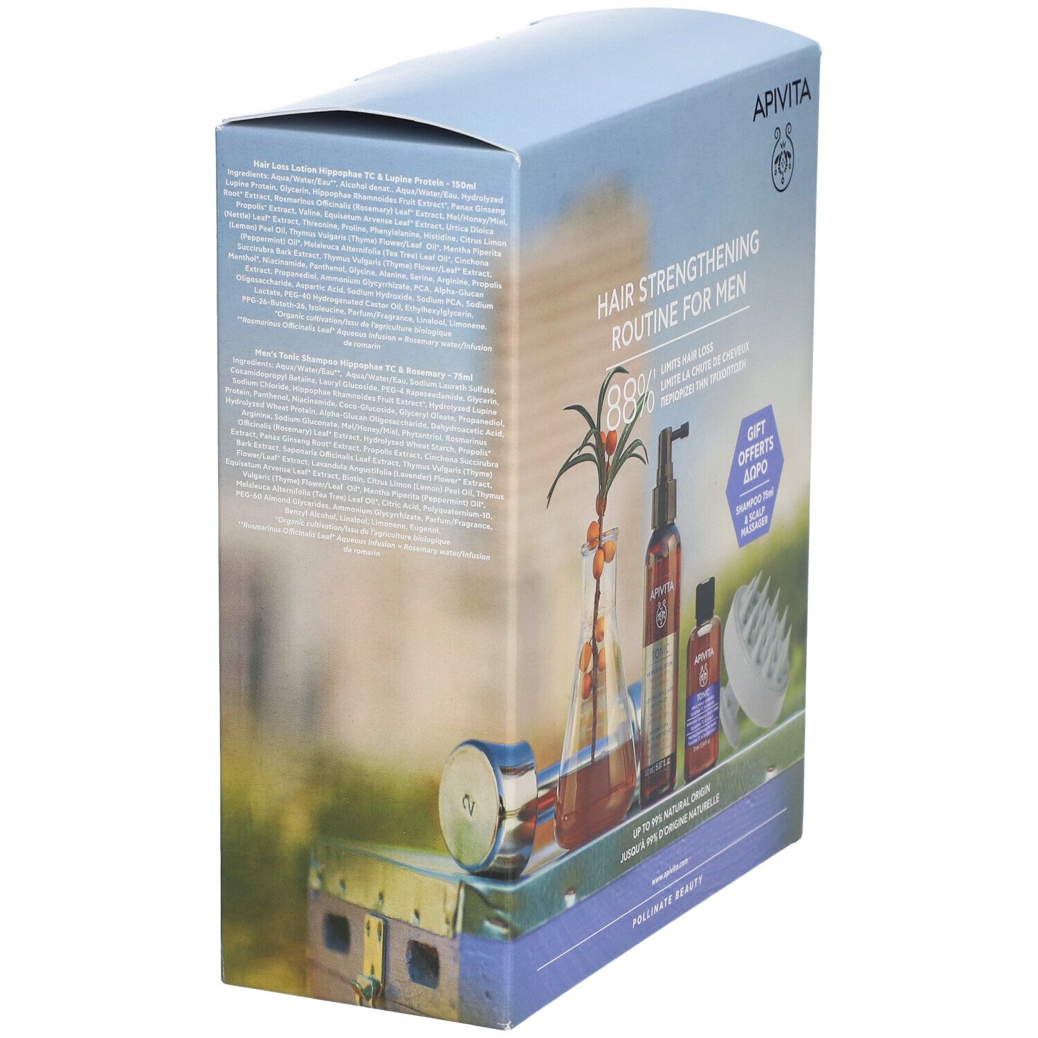 Vue latérale du coffret. Texte: Hair Strengthening Routine for Men. Contient illustrations de produits et informations textuelles.