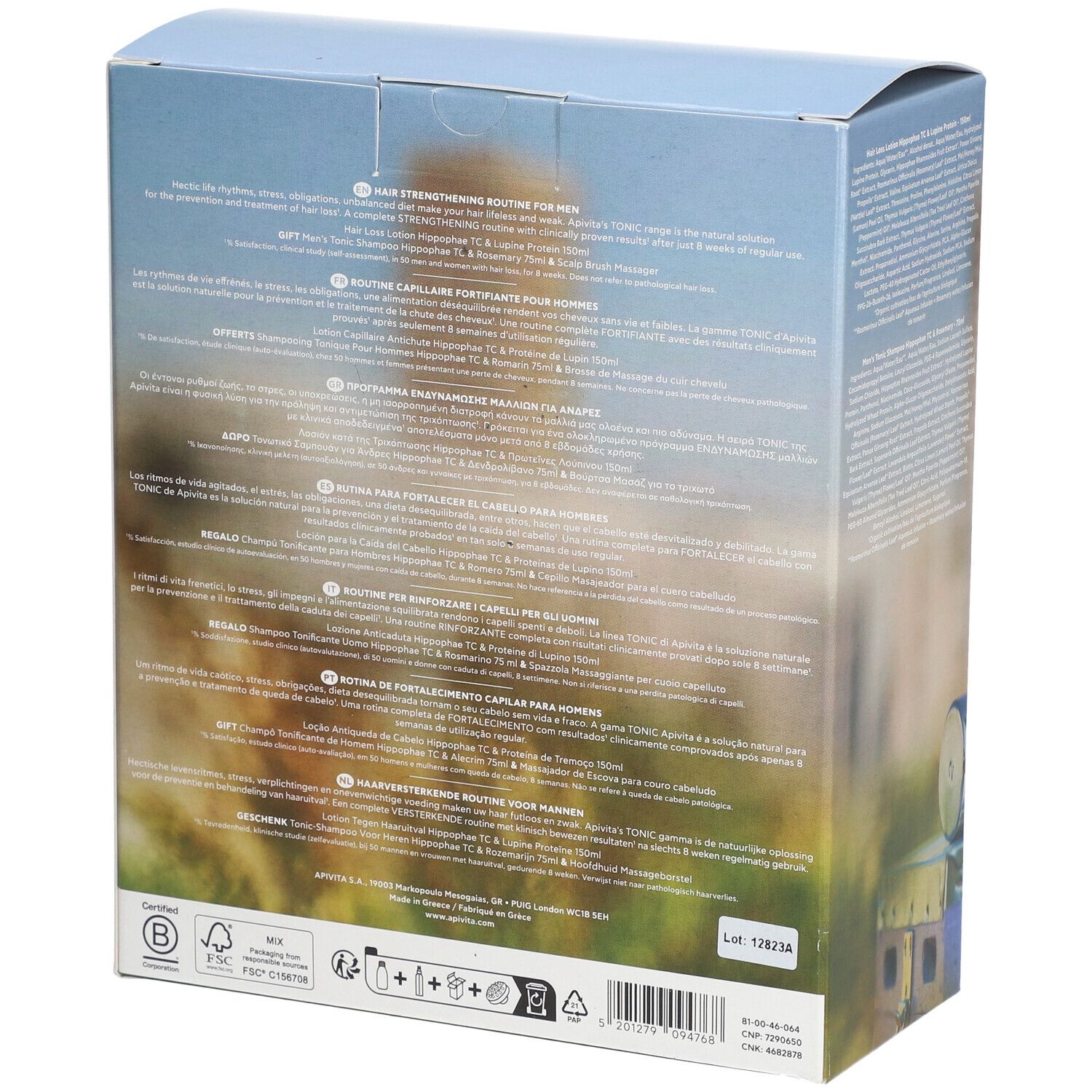 Dos du coffret. Texte multilingue. Contient des illustrations de produits et des informations.