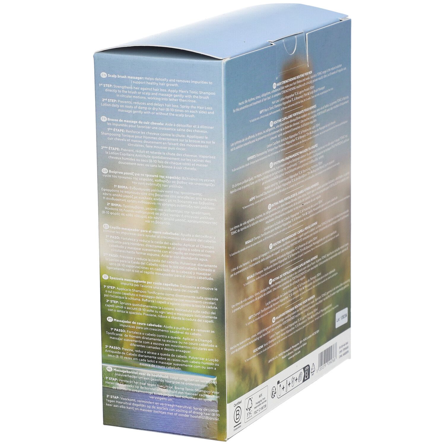 Vue latérale du coffret. Texte multilingue. Contient des illustrations de produits et des informations.