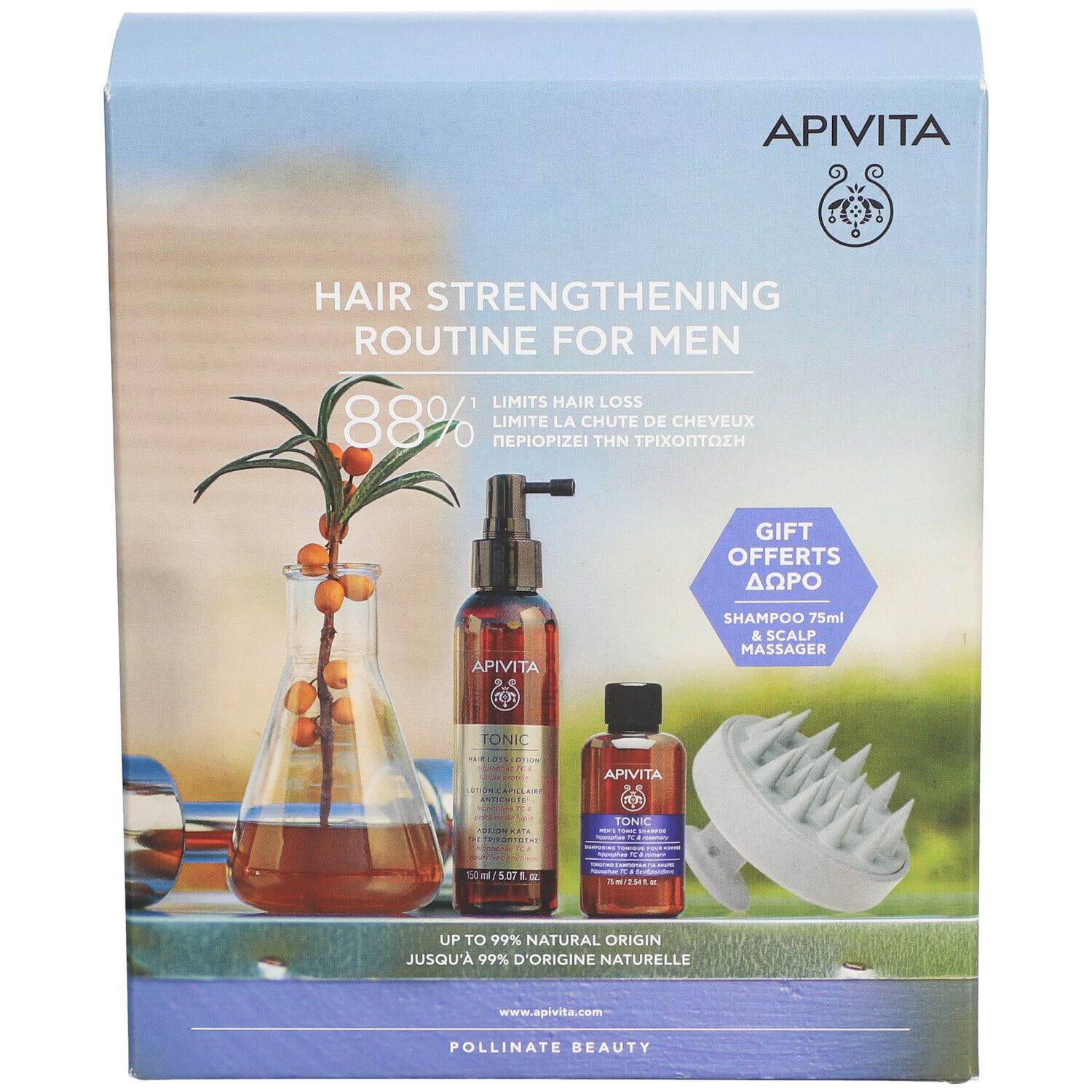 Coffret avec illustration de produits. Contient des flacons, une brosse de massage et du texte.