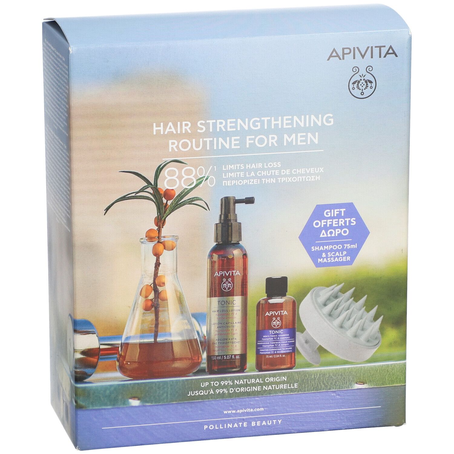 Coffret avec illustration de produits. Contient des flacons, une brosse de massage et du texte.