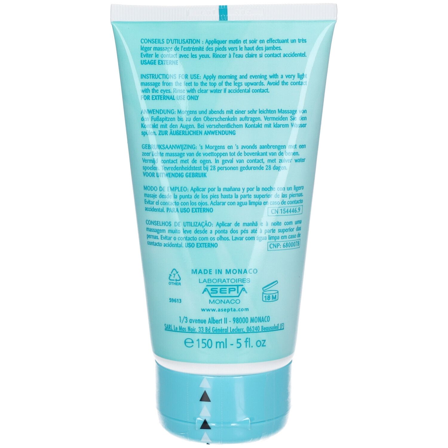 Rückseite der Tube. Text in mehreren Sprachen. Herstellerinformationen. Logo. Volumen: 150 ml - 5 fl. oz.