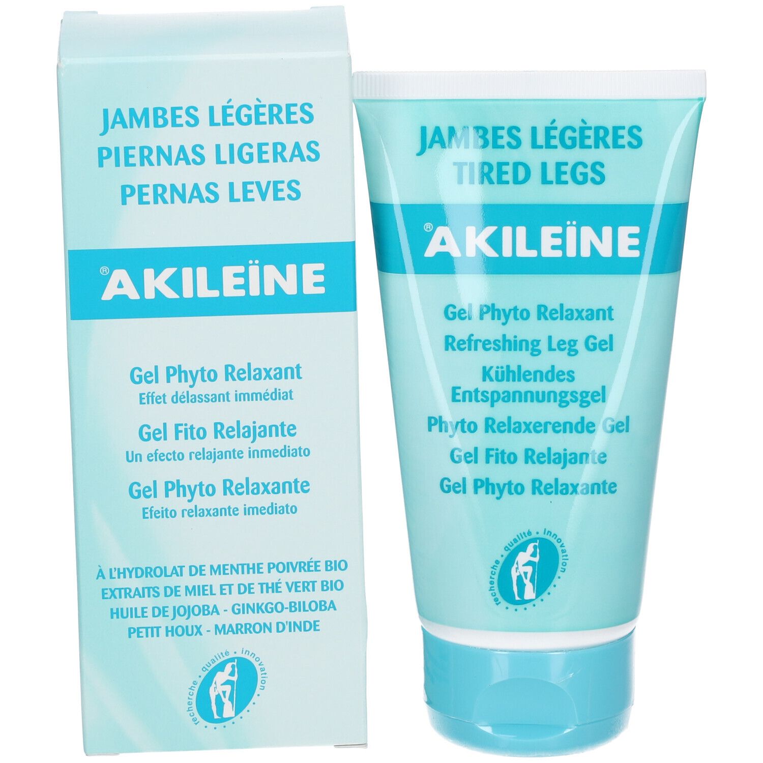 Produktverpackung: Tube und Schachtel. Aufschrift: JAMBES LÉGÈRES, AKILEINE, Gel Phyto Relaxant. Logo mit Fuß. Inhaltsstoffe.