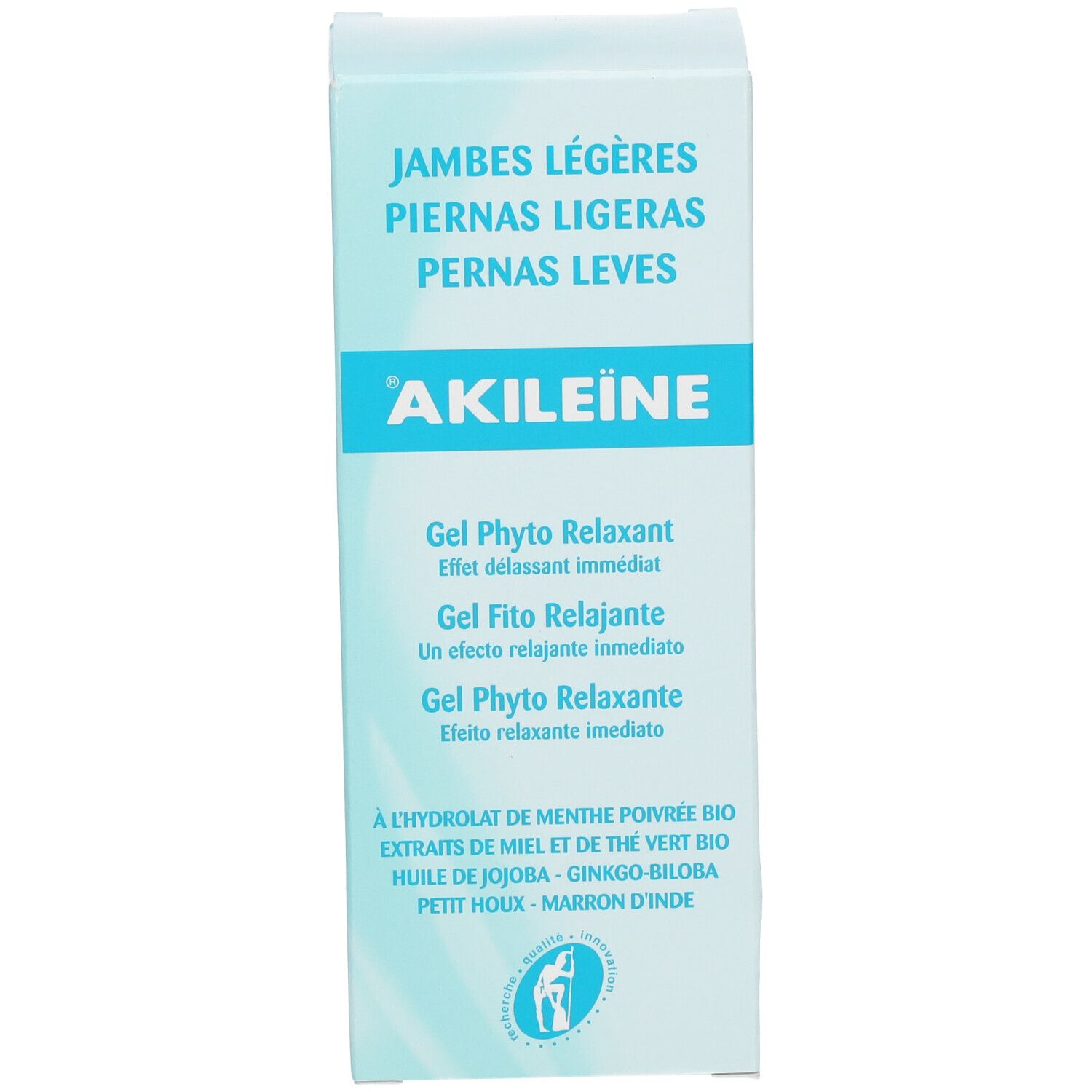 Schachtel mit Aufschrift: JAMBES LÉGÈRES, PIERNAS LIGERAS, AKILEINE, Gel Phyto Relaxant. Logo mit Fuß. Inhaltsstoffe.