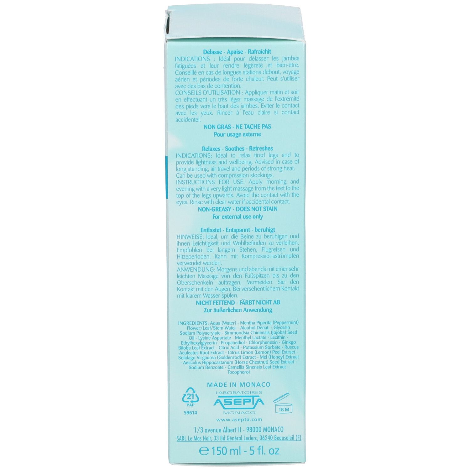 Rückseite der Schachtel. Text in mehreren Sprachen. Herstellerinformationen. Logo. Volumen: 150 ml - 5 fl. oz.