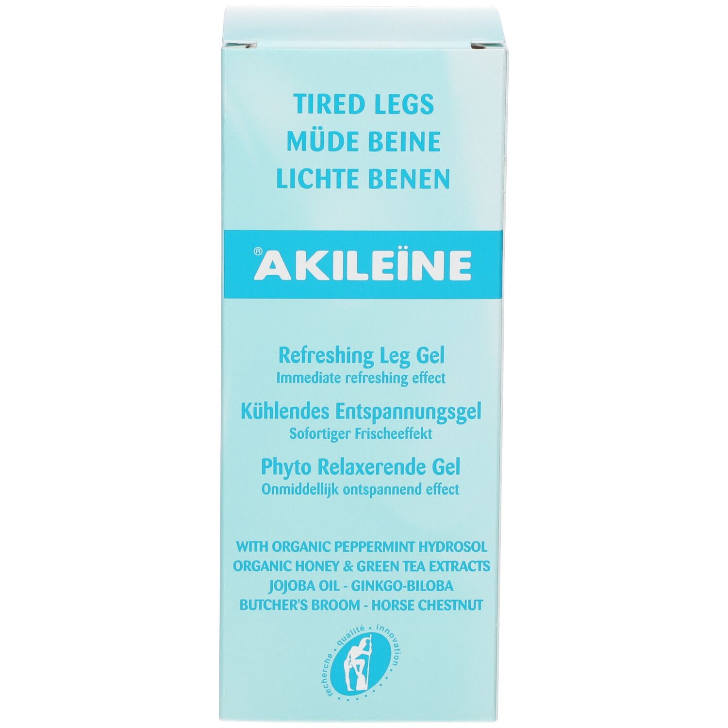 Vorderseite der Schachtel. Aufschrift: TIRED LEGS, MÜDE BEINE, AKILEINE, Refreshing Leg Gel. Logo mit Fuß. Inhaltsstoffe.