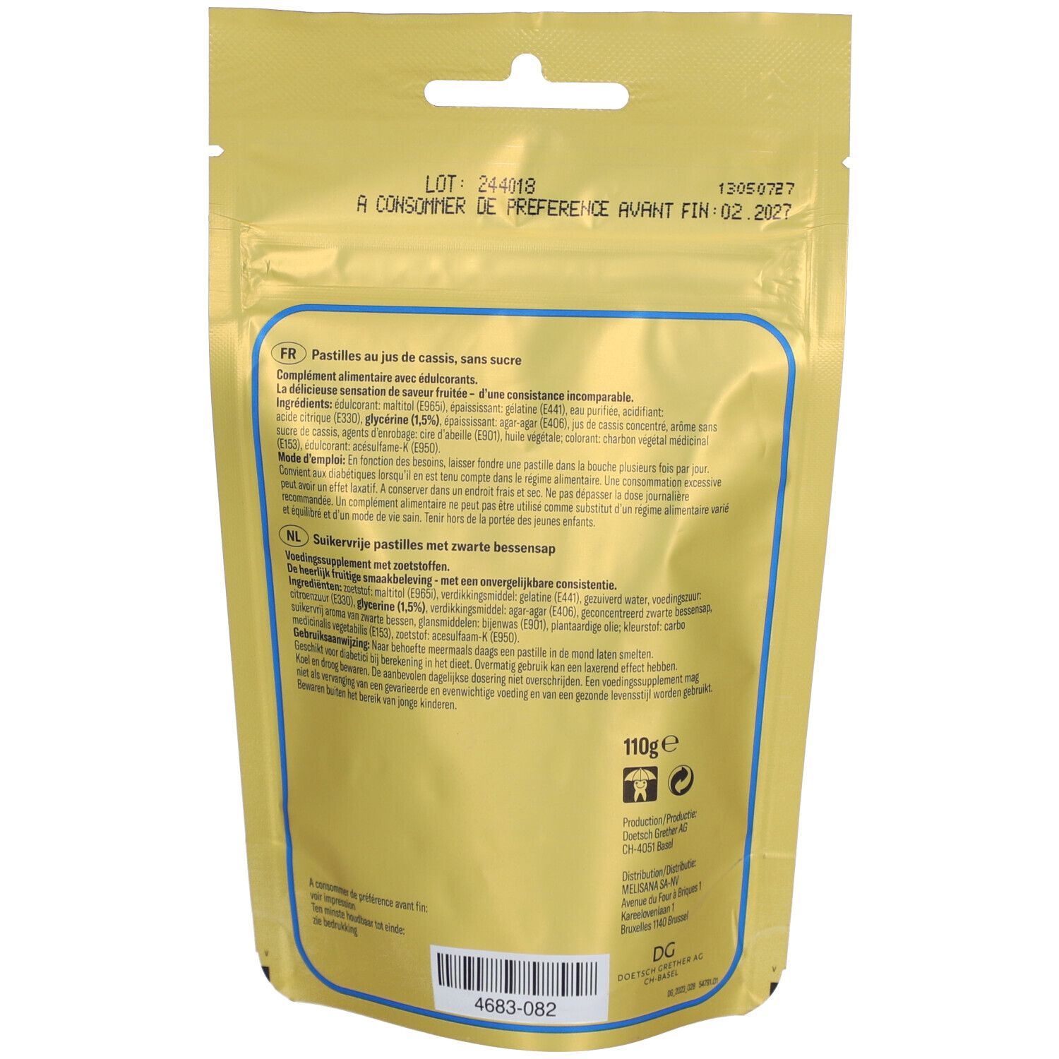 Rückseite der Pastillenverpackung. Text in Französisch und Niederländisch. Enthält Inhaltsstoffe und Verfallsdatum.