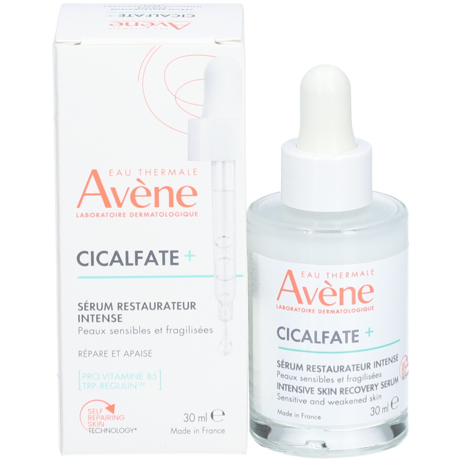 Productverpakking en serumfles. Verpakking met productnaam en merk: Avène Cicalfate+ Serum.