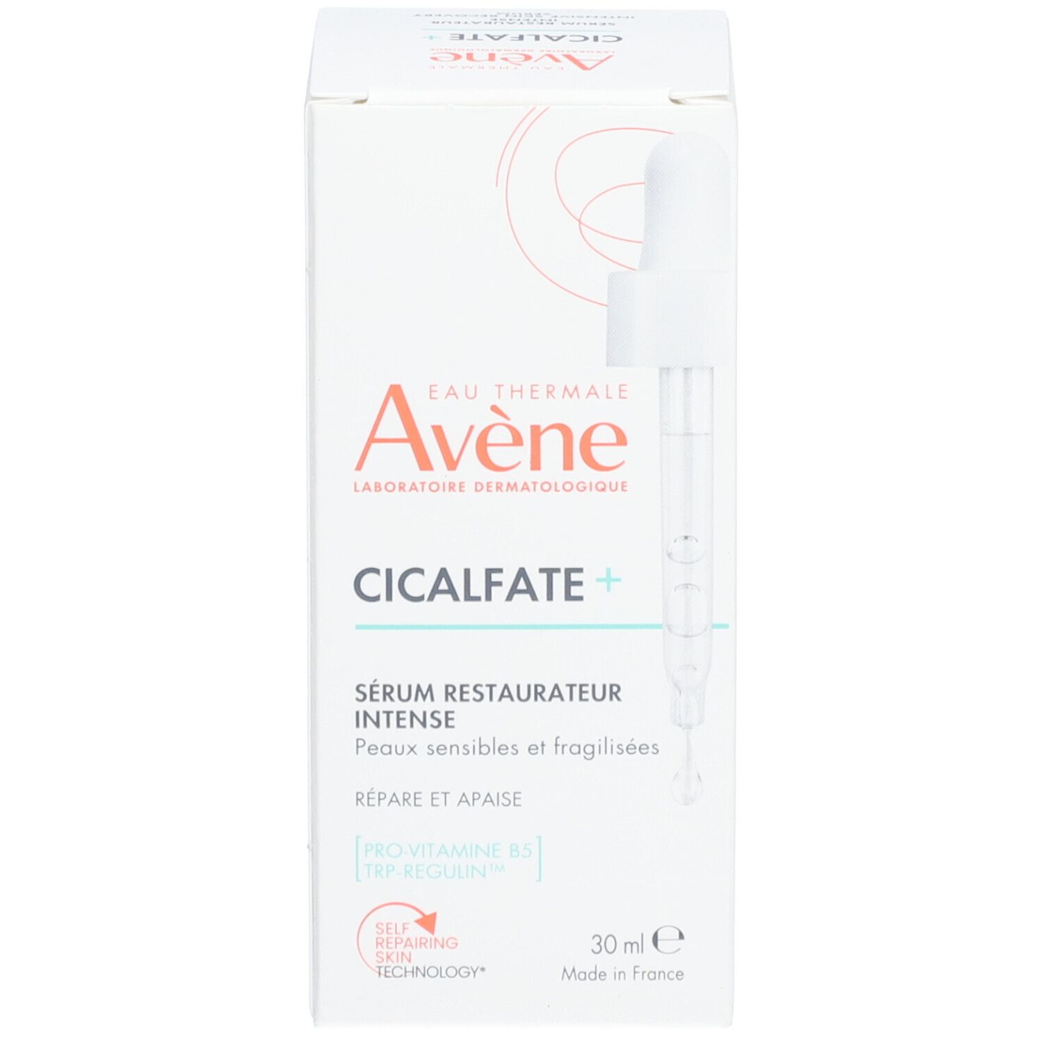 Productverpakking. Verpakking met productnaam en merk: Avène Cicalfate+ Serum.