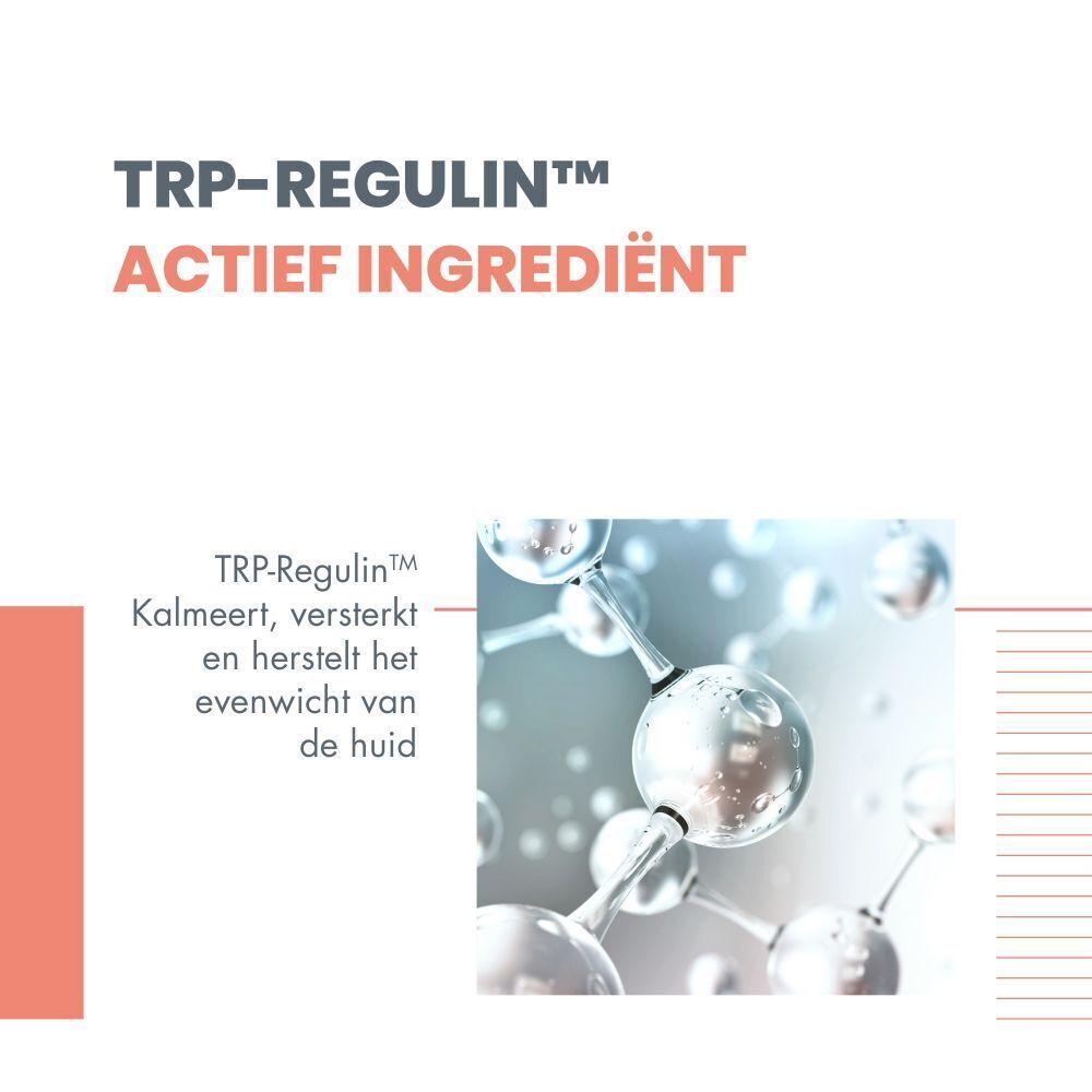 Afbeelding van TRP-Regulin, een actief ingrediënt. Tekst: TRP-Regulin, kalmeert, versterkt en herstelt de balans van de huid.