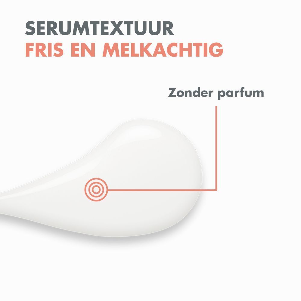 Close-up van de serumtextuur. Tekst: Serumtextuur, fris en melkachtig. Zonder parfum.