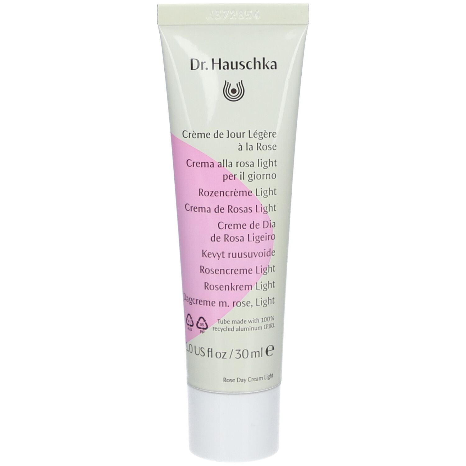 Tube de crème avec zone rose. Inscription : Dr. Hauschka, Crème de jour Légère à la Rose, 30 ml.
