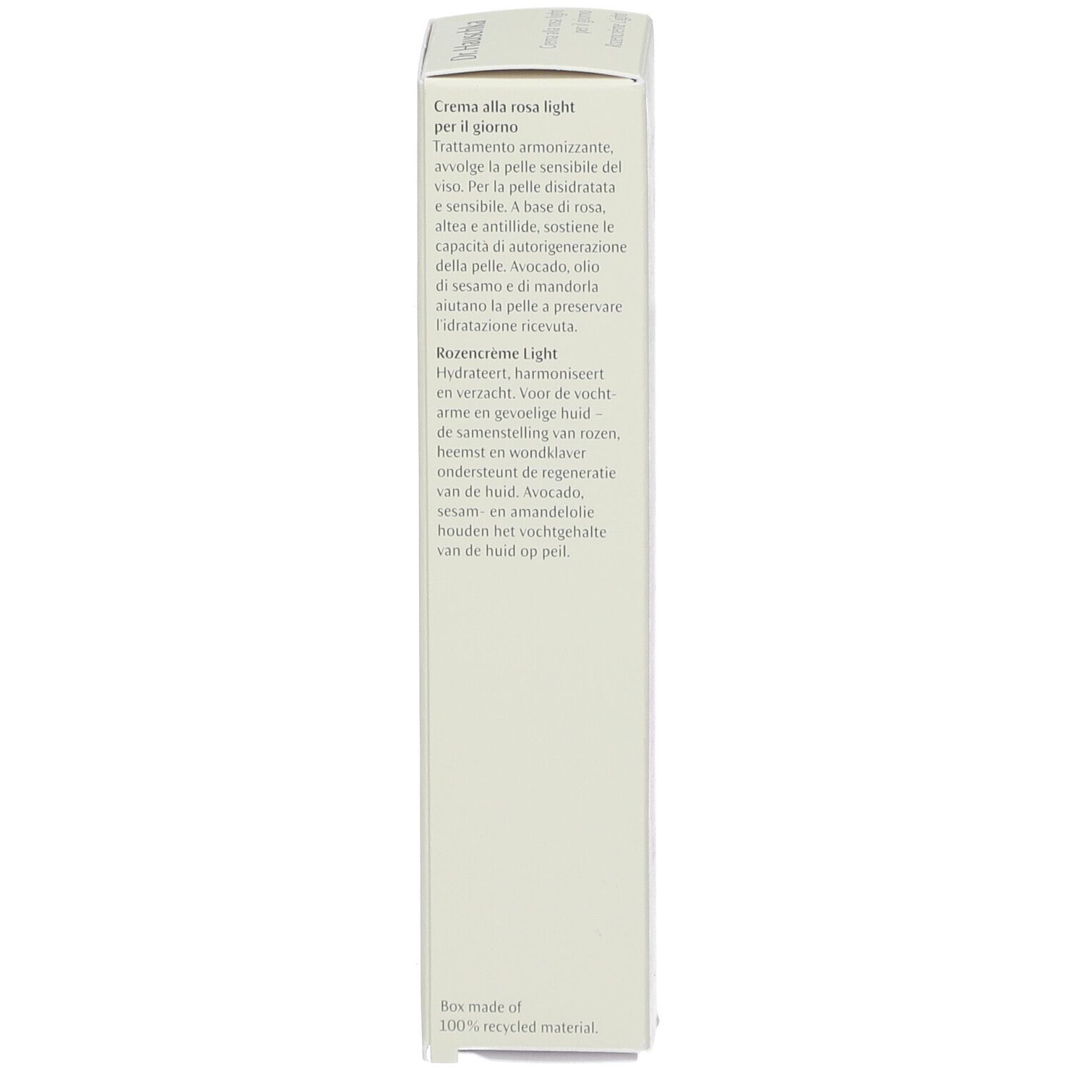 Boîte avec texte. Texte en italien et néerlandais. Nom du produit : Rozencrème Light.