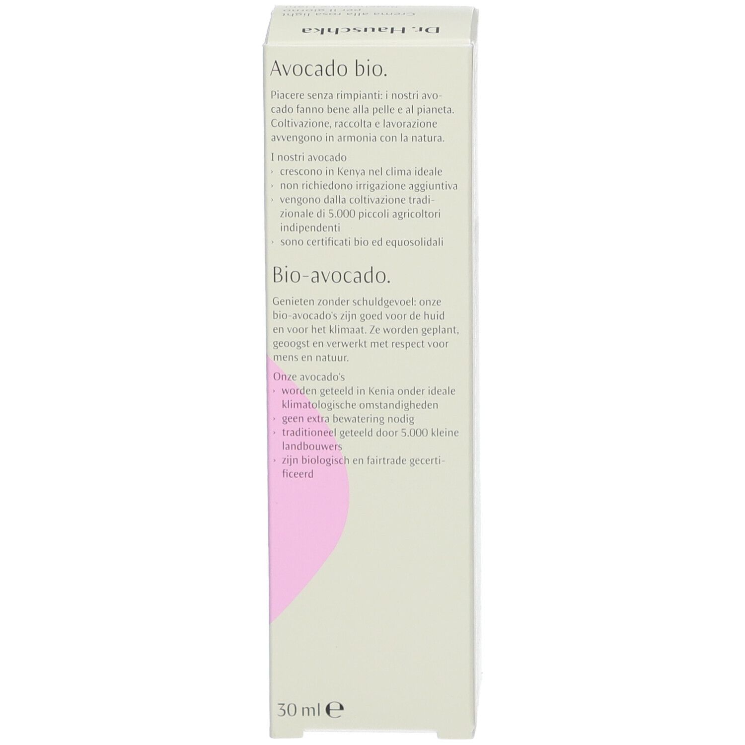 Boîte avec texte. Texte en italien et néerlandais. Nom du produit : Bio-Avocado.